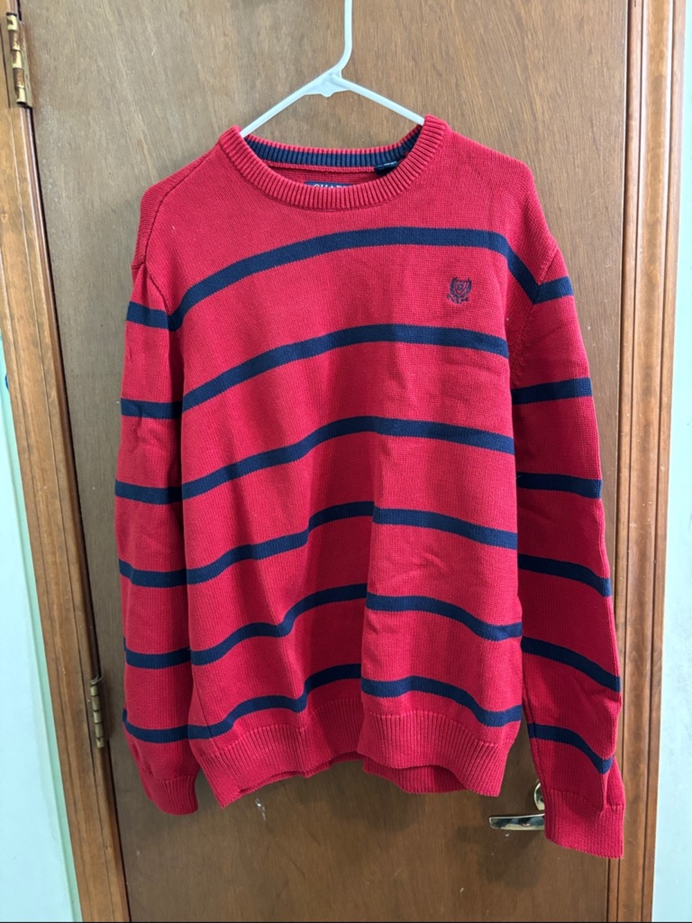 Chaps Red and Navy Striped Crewneck Sweater